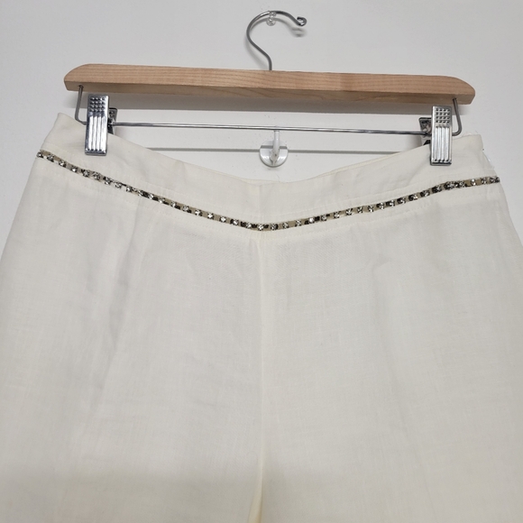 Escada Linen Beautiful Cream Ankle Pants with Embellished Crystals Trim - Picture 2 of 12